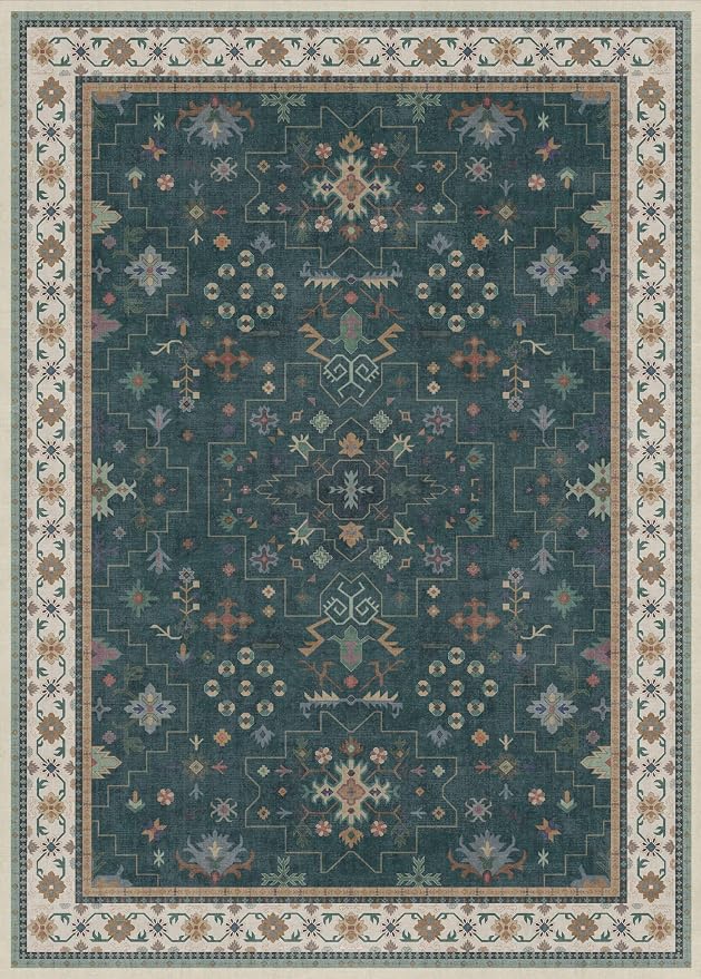Hazo Haus Dark Green Oushak Living Room Rug 10x14 - Modern Vintage Boho Eclectic Floral Pastel, Washable Low Pile Non-Slip Extra Large Area Rugs for Dining Under Table Bedroom Lounge