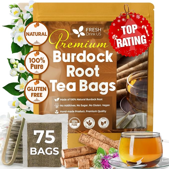 FreshDrinkUS, Premium 75 Burdock Root Tea Bags, 100% Natural & Pure, Herbal Tea. Made with Natural Material Tea Bags. No Sugar, No Caffeine, No Gluten, Vegan.
