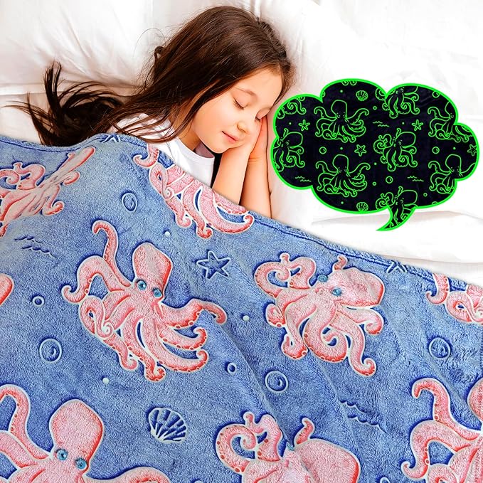 Octopus Twin Blanket for Couch Bed, Large Soft Warm Ocean Blanket for Adults Kids, Blue Sea Animal Twin Size Fleece Throw for Bedroom Home Decor 60"x80"
