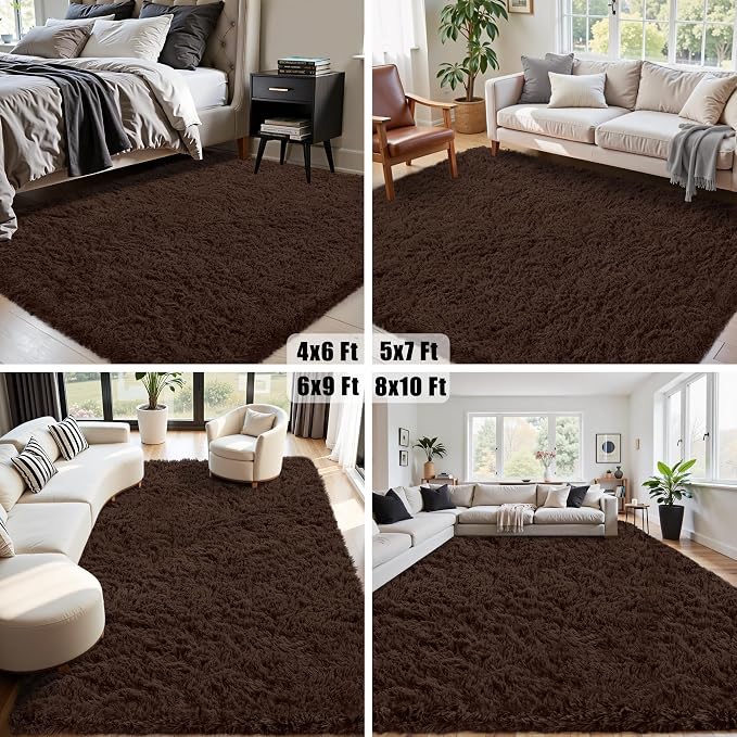 5x8 Area Rug for Living Room:Ultra Soft Fluffy Shag Brown Rugs,Large Fuzzy Plush Indoor Non Slip Carpet Washable Rug for Bedroom Kids Nursery Office Dorm Modern Decor(Brown 5'x8')