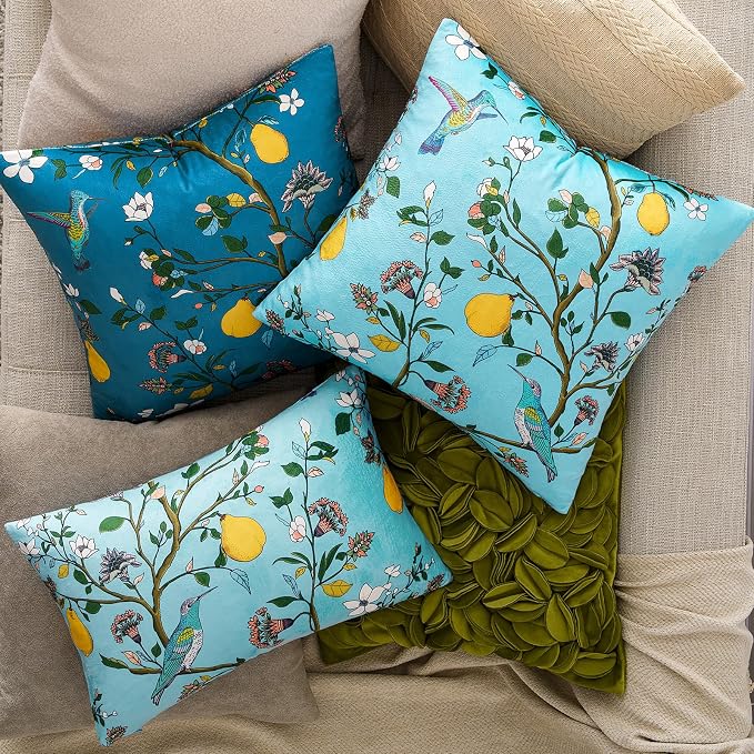 MUSSEL Sky Blue Velvet Floral Decorative 16x16 Pillow Covers Set of 2 | Soft Durable and Sturdy,Bird Plant,Throw Pillows Case,Square,Colorful Modern Cushion Covers,Home Sofa Bed Couch Decor