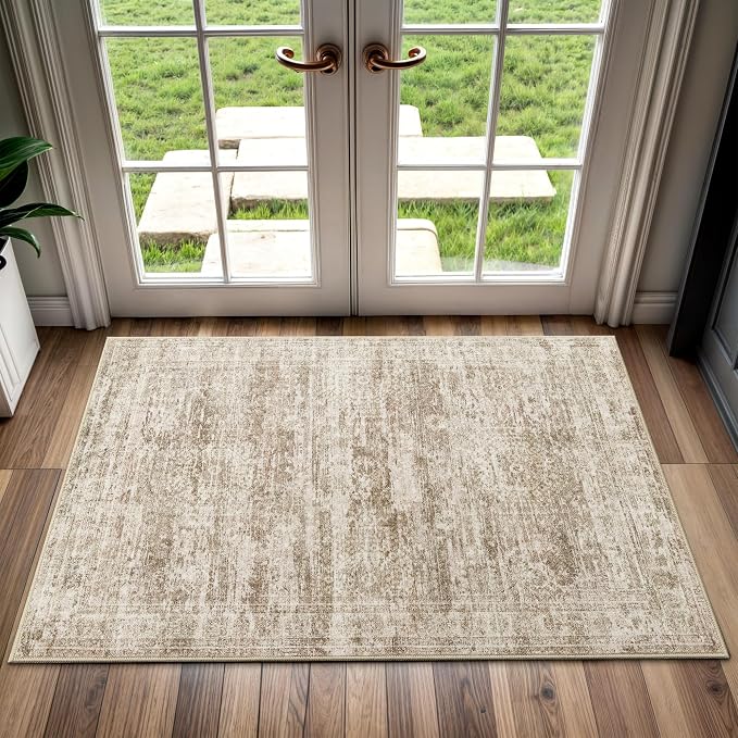 Soalmost 2x3 Washable Rugs for Kitchen, Entryway, Small Area Rug Brown | Non-Slip Vintage Low Pile Throw Door Mat For Bathroom Entry Laundry Powder Room, Stain Resistant Indoor Entrance Floor Carpet