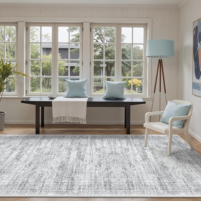Soalmost Washable Hallway Runner Rug 4x12 Kitchen Entry Rugs Non-Slip, Grey | Vintage Wide Runners for Living Dining Room Entryway, Stain Resistant Low-Pile Long Floor Carpet 12ft for Nursery Bedroom
