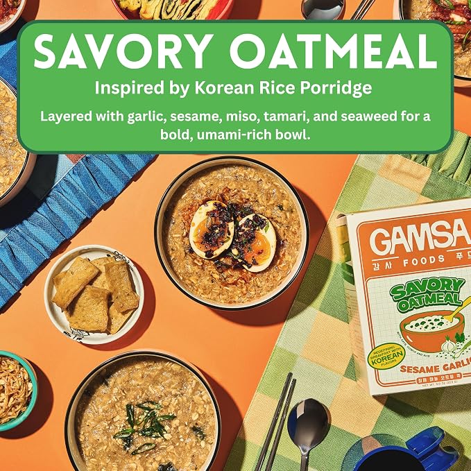 Gamsa Savory Instant Oatmeal - Sesame Garlic, Premium Instant Korean-Inspired Hot Cereal with Sesame & Garlic, Nourishing & Satisfying Breakfast, Meal or Snack, Low Sugar, 5-Pack