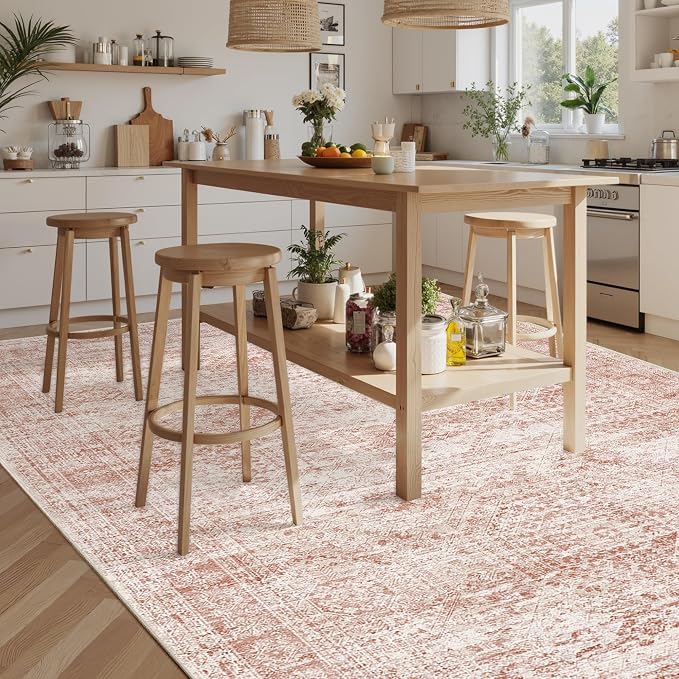 Soalmost 9x12 Area Rugs for Living Room Washable Rug Non-Slip Pink | Large Vintage Stain Resistant Carpet for Dining Bedroom, Low Pile Lightweight Foldable Floor Mat Nursery Home Office Decor