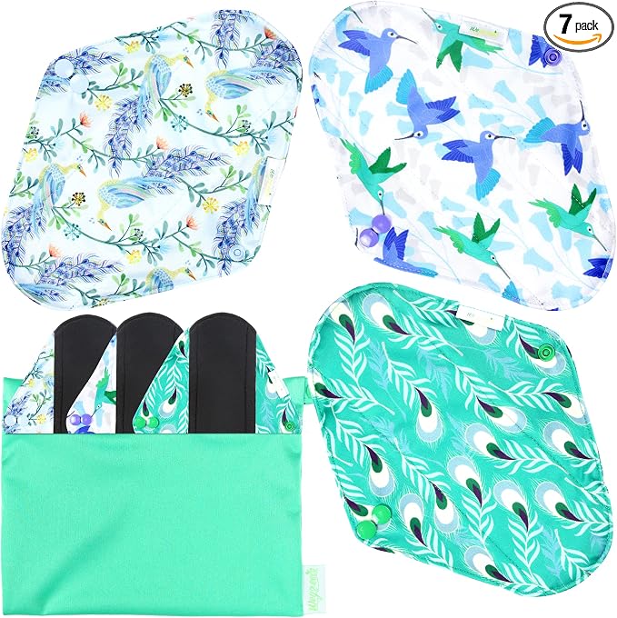 Wegreeco Reusable Menstrual Pads - Soft Cloth Sanitary Pads & Panty Liners - 6 Pack with 1 Mini Wet Bag (Medium, Peacock)