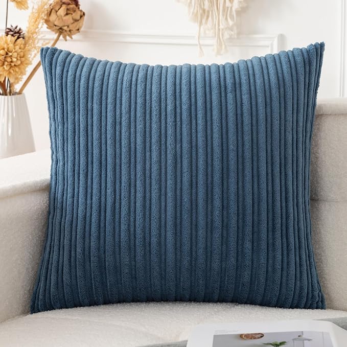 UGASA Velvet 20x20 Inch Soft Throw Pillow Cover Decorative Corduroy Striped Both Sides Solid Square Cushion Case Boho Farmhouse for Couch Bedroom Sofa Home, 1 Piece, New-Dusty Blue