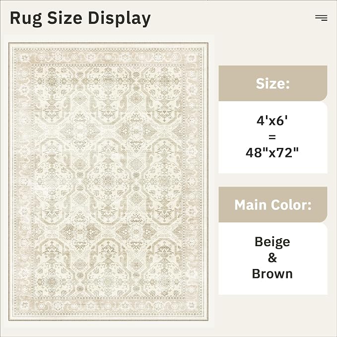 Soalmost 4x6 Area Rug for Living Room, Washable Rugs Non-Slip, Beige/Brown | Vintage Low-Pile Carpet for Dining Bedroom, Thin Foldable Stain Resistant Floor Mat Nursery Under Table Home Office Decor