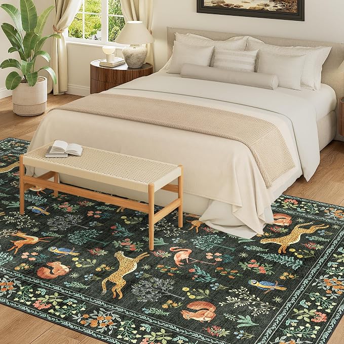 DUKINO 5x8 Area Rug for Bedroom, Soft Washable Animal Rug Non Slip, Black | Low Pile, Stain Resistant Indoor Carpet for Living Room, Dining Room, Kids Room, Office, Farmhouse, Pet Friendly, Lightweight