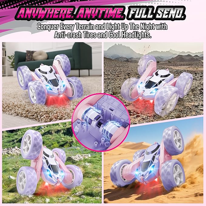 360° Flip RC Car for Girls, Upgraded Dual-Sided Stunt Car with Headlights, 2.4GHz 4WD Remote Control, USB-C Rechargeable Toy Gift for Kids Ages 6+ (Pink-Purple)