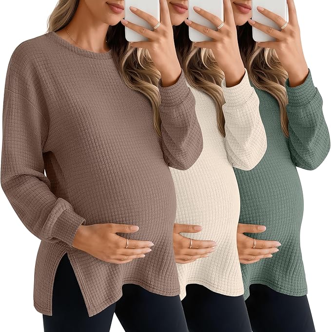 3 Pack Women's Maternity Shirts Long Sleeve Waffle Knit Side Split Oversized Tops Pregnancy Clothes Fall Tees