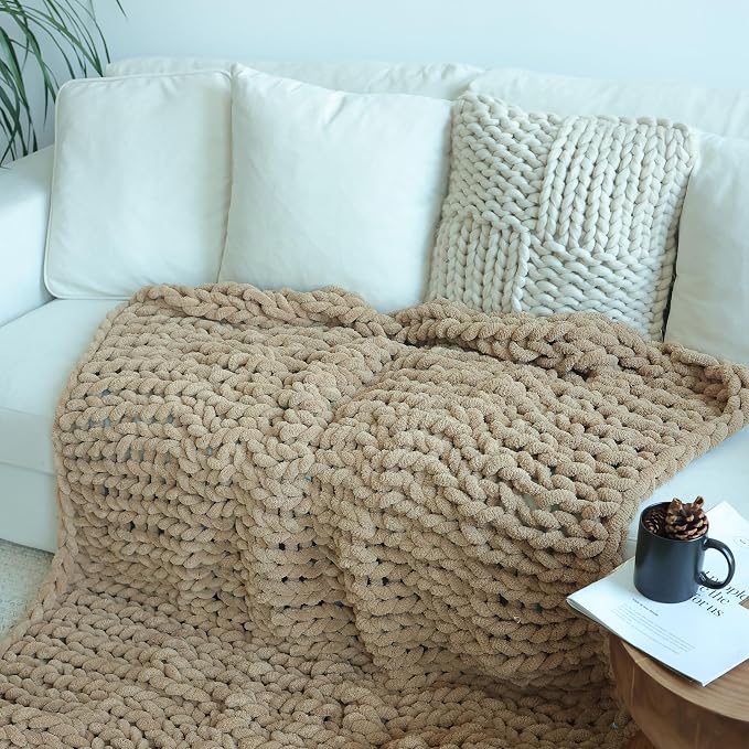 Maetoow Chenille Chunky Knit Blanket,Handmade Cozy for Home Decor,50×60,Khaki