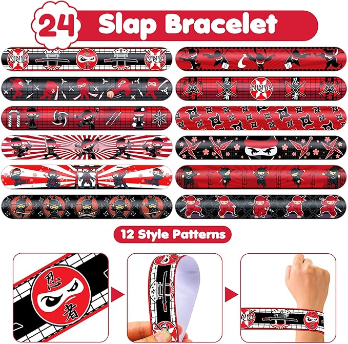 72PCS Ninja Party Favors for Kids - 48 Pre-cut Temporary Tattoos & 24 Slap Bracelets - Ninja Birthday Decorations, Classroom Prizes, Goodie Bag Gifts for Boys & Girls7