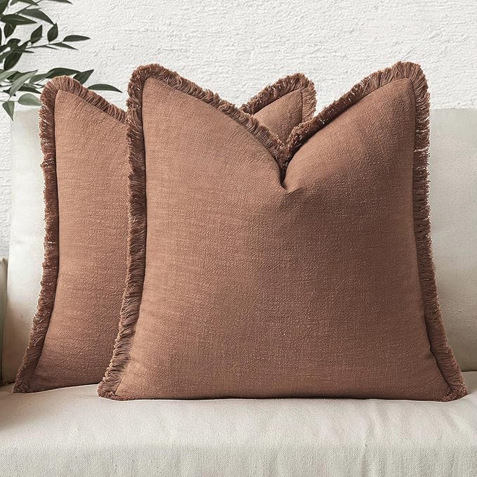 MIULEE Boho Linen Fringe Decorative Fall Throw Pillow Covers Brick 18x18 | Set of 2, Cottagecore Decor, Boho Farmhouse Neutral Pillow Covers, Rustic Fall Couch Cushion Cases for Sofa Bed Living Room