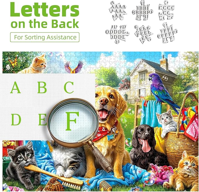 Laundry Day Pets 1000 Piece Jigsaw Puzzle for Adults Colorful Garden Scene with Dogs, Cats and Birds Jigsaw Puzzles, Family & Adult Games for Game Night