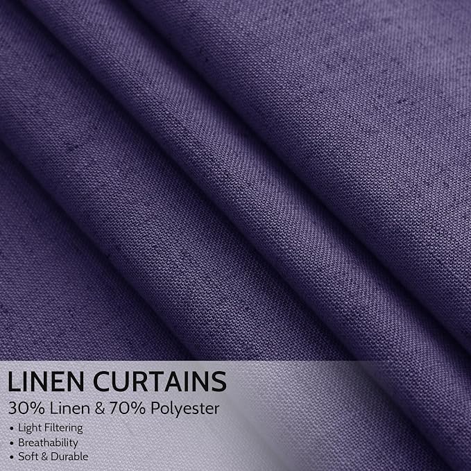 Purple Curtains 63 Inches Long 2 Panel Sets for Living Room Bedroom, Light Filtering Linen Drapes for Kitchen Windows Rod Pocket or Back Tab Curtain,Semi Sheer 52x63