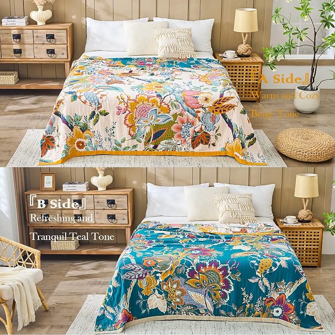 XIBLC Boho Throw Blanket 100% Cotton Vintage Blanket Muslin Woven Flower Decorative Throw Blankets All Season Bohemian Rustic Farmhouse Decor Quilt for Bed (Yellow 50"x60")