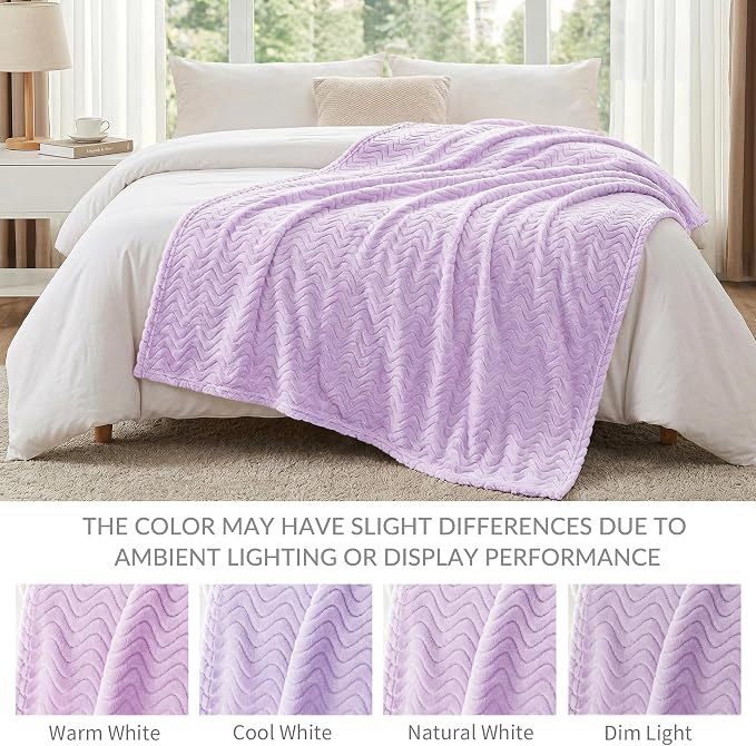 Exclusivo Mezcla Soft Fleece Blanket King Size for Bed, Sofa, Lilac Purple | 90"x104" Breathable Lightweight Flannel Blanket for Summer, Plush Cozy Jacquard Wave for Home Decor