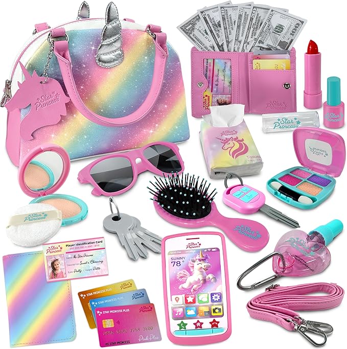 Play Purse for Little Girls and Toddlers - Unicorn Purse Toys for Kids Pretend Play Accessories: Phone, Wallet, Credit Cards, Keys, Pretend Makeup Unicorn Gift for Girl Age 3 4 5 6 7 8 Years and Up