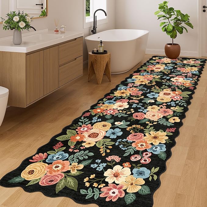 DUKINO 3x10 Runner Rug, Non Slip Floral Washable Rug for Hallway, Black | Low Pile, Soft, Stain Resistant Throw Carpet Runner for Kitchen, Entryway, Bedroom, Bathroom, Lightweight, Modern Home Decor