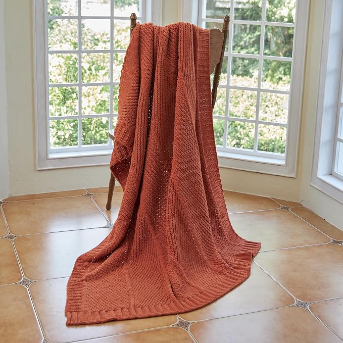 Knit Throw Blanket, Soft Chenille Cozy Breathable Chevron Chunky Decorative Blanket for Couch, Bed & Sofa, French-Inspired Lightweight Warm Gift for Women, Orange, 50"x60"