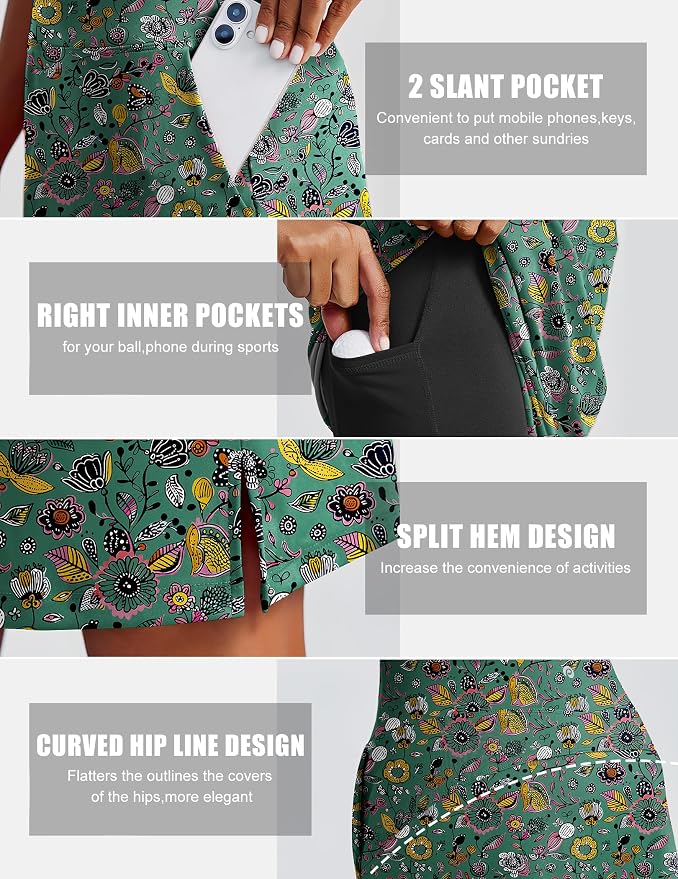 PINSPARK 20" Skorts for Woman Knee Length UPF 50+ Golf Skirts | 4 Pockets, Built-in Shorts, High Waisted, Split Hem, Silky-smooth, Moisture-wicking, for Golf Athletic Tennis Workout Casual