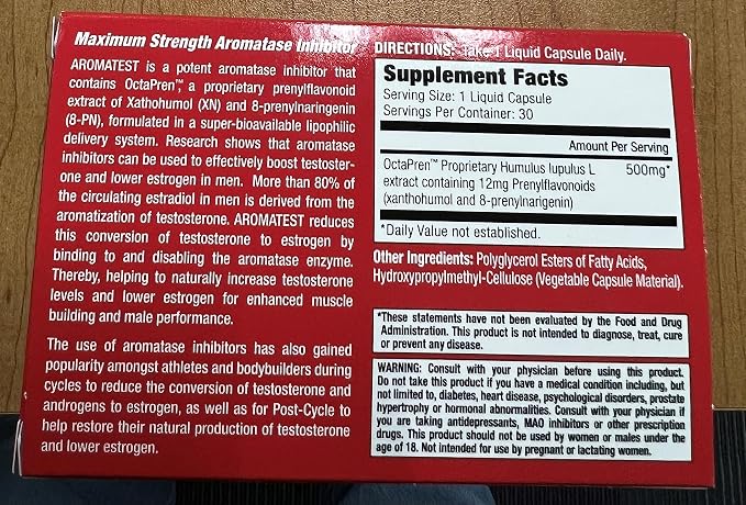 MuscleMeds AROMATEST Testosterone Booster & Aromatase Inhibitor, Lowers Estrogen, Supports Muscle Building & Strength, Anti-Aging Hormone Replacement for Men, 30 Liquid caps