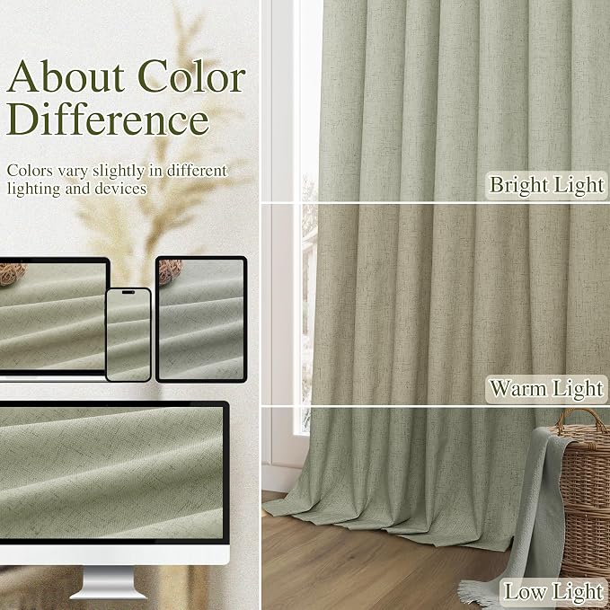 Guken 100% Blackout Linen Curtains 42 Inch Wide by 102 Inch 2 Panels Set for Living Room Bedroom Back Tab Thermal Insulated Black Out Linen Drapes Room Darkening Window Curtains, Sage Green