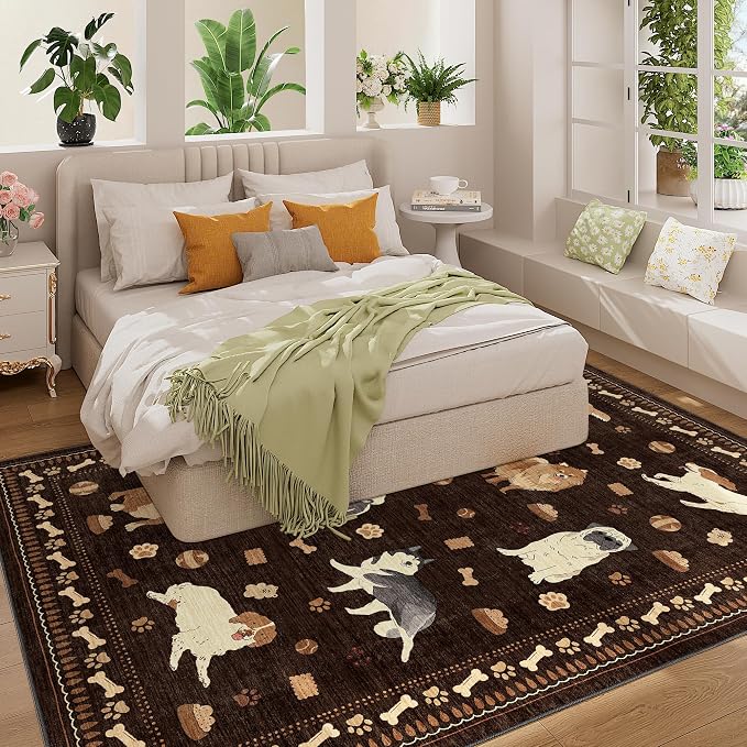 DUKINO 5x7 Area Rugs, Washable Dog Rug for Kids Room Non Slip, Brown | Low Pile, Stain Resistant, Soft Animal Carpet for Living Room Bedroom Dining Room Farmhouse, Kid & Pet Friendly, Non Shedding