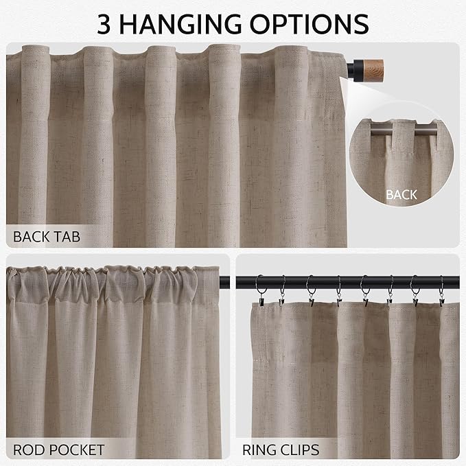 Ecru Linen Curtains for Living Room 100 Inches Long Light Filtering Semi Sheer Curtain Back Tab Rustic Farmhouse Decor Burlap Elegant Soft Luxury Boho Drapes for Bedroom Dinner Room 52x100, 2 Panels