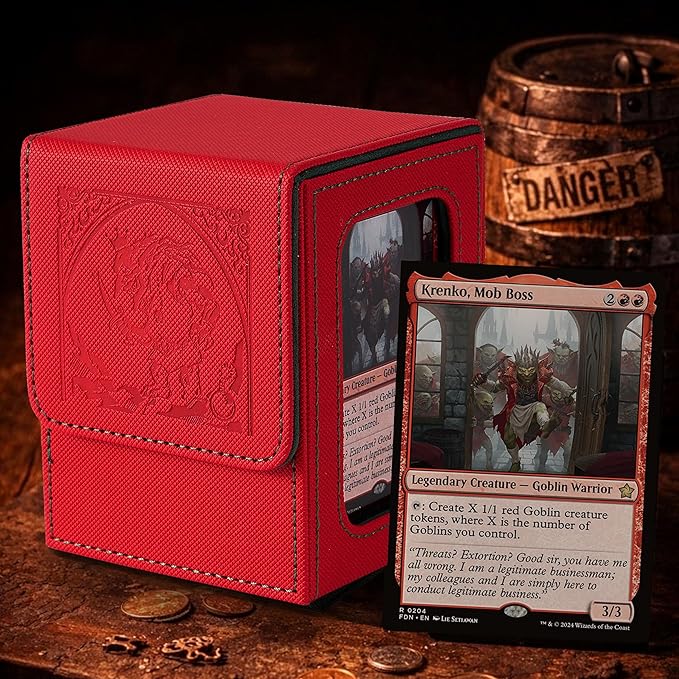 Venssu MTG Deck Box with Commander Display, Goblin Card Deck Case Fits 120 Single Sleeved Cards, TCG Card Storage Box with 2 Dividers and 1 Toploader (Red＆Green)