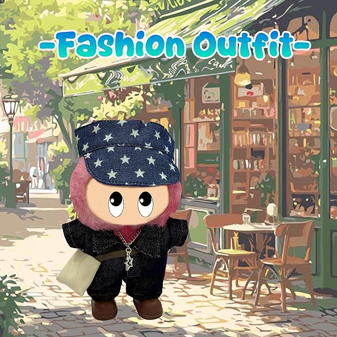 17cm Doll Clothes, Outfits Denim Jeans Set for 17cm Doll, Stylish Adorable 5 Piece Accessories Set with Clothing+Hat+Shoes+Bag+Necklace for Dolls(No Doll)