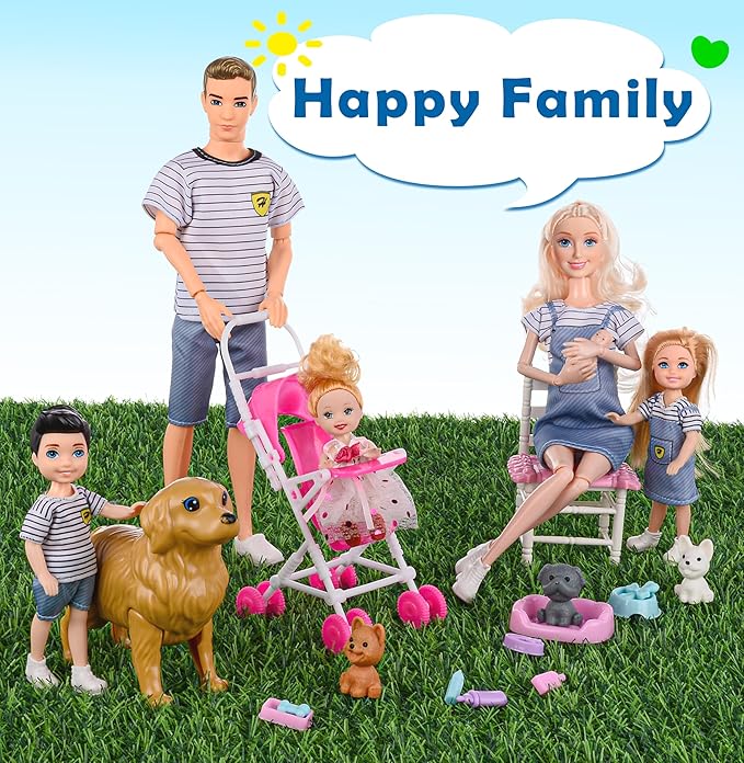dollbie Dolls Family Playset with Baby Stroller Set- 6 People, Pets & Accessories for 3-12 Years Old | Toddler Gift with Pregnant Mom, Dad, 3 Kids, Dogs, and Interactive Play