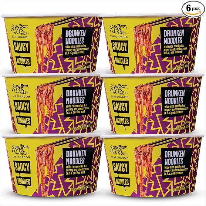 Snapdragon Saucy Instant Noodles with Drunken Noodle Sauce - Quick Meal, Snack, and Lunch.6-Pack Microwave Noodles for Cup, Bowl, Ramen or Asian Stir Fry