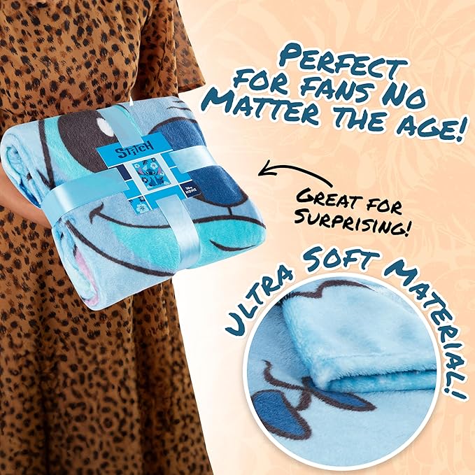 Disney Stitch Throw Blanket Soft Fleece Blanket Bedroom Accessories 59 x 51” (Light Blue Stitch)