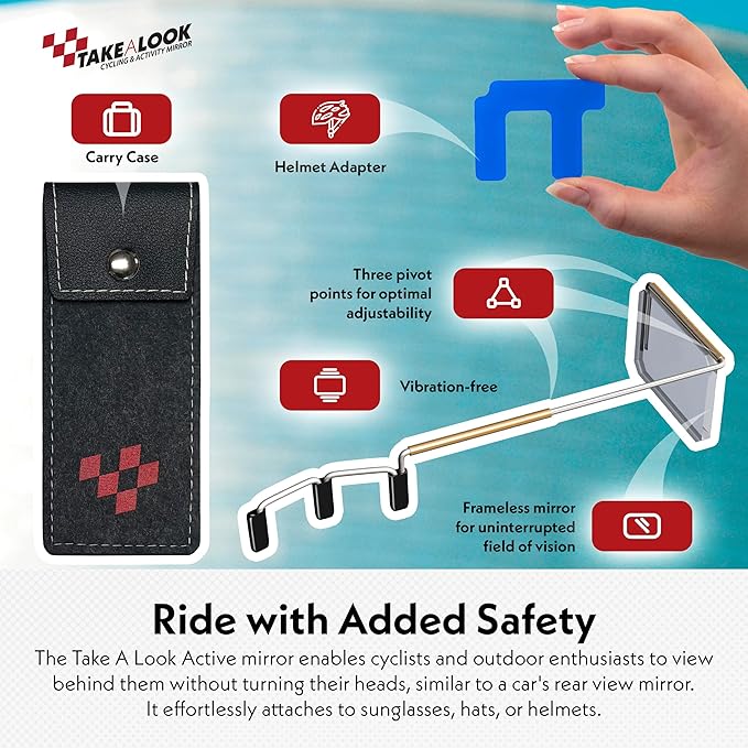 Take A Look Cycling Mirror with Helmet Adapter & Carry Case – Low-Tech Rearview Mirror for Bikes – fits Helmet & Sunglasses – Shatter-Resistant Polycarbonate Lens, Always On (Left-Side)