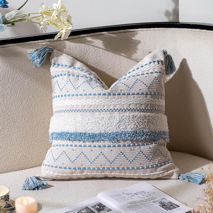 20X20 Throw Pillow Cover, Coastal Blue Square Decorative Cushion Cover, Boho Accent Pillowcase with Tassels for Couch Sofa Living Room (Cover Only)