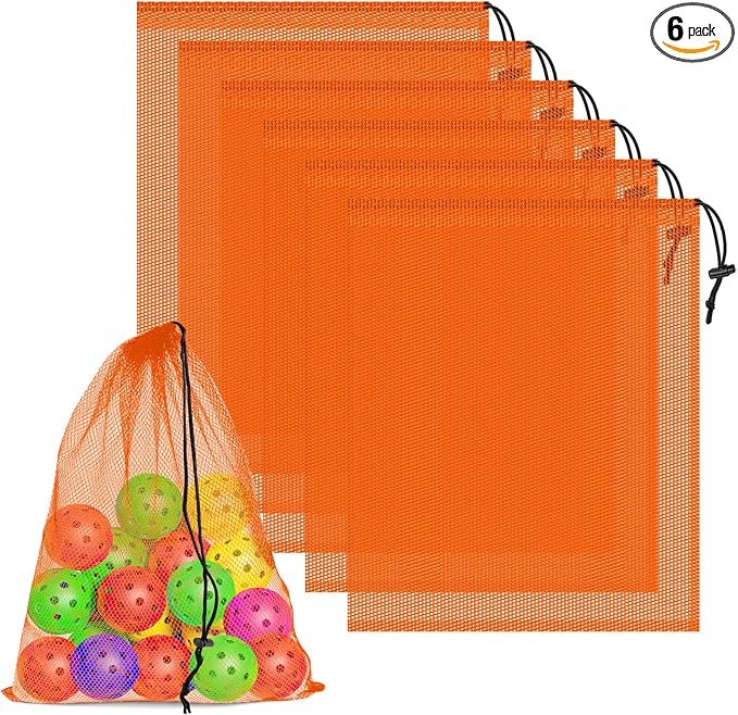 6 Pcs Mesh Bags Drawstring, 14x17 Inch with Lock, Multipurpose Storage Bags for Gym, Balls, Beach, Laundry (Orange)