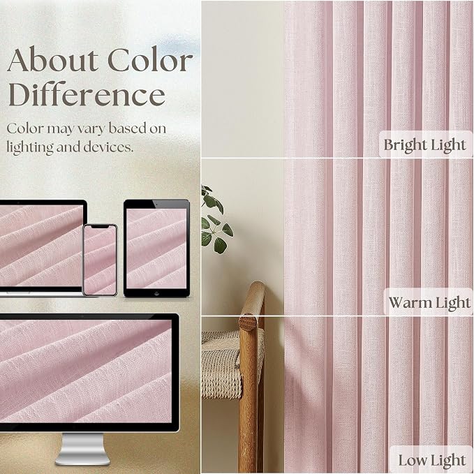 Light Pink Linen Pinch Pleat Curtains 120 Inch Length 2 Panels Set 40x120 | for Nursery Girls Bedroom Living Room, Pinch Pleat Memory Shape Trained, Light Filtering Privacy Semi Sheer, Baby Pink Blush