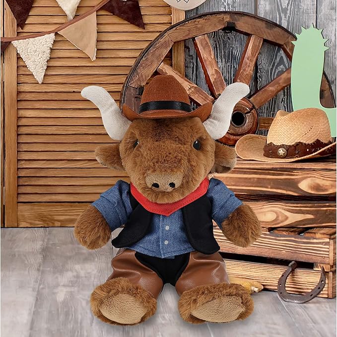 DolliBu Texas Longhorn Stuffed Animal Cowboy Plush with Name Personalization - Western-Themed Longhorn Plush with Cute Cowboy Costume Denim Shirt Vest, Bandana, Leather Pants, and Hat - 9 Inches
