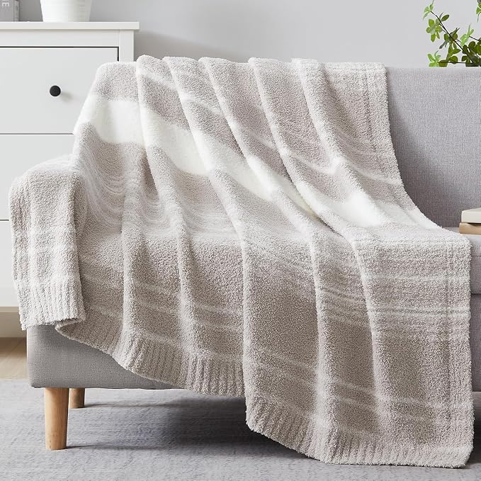 Soft Throw Blanket for Couch-Cozy Reversible Knitted Blankets | Lightweight Warm Fluffy Decor for Women, Mom, Her & Girls, Sofa, Chair, Bed, 50x70in,Taupe Stripe