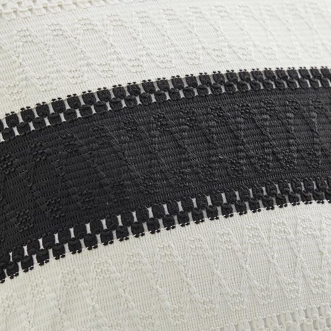 2pk Boho Pillow Covers 18x18, Natural White/Contrast/Black | 100% Organic Cotton Body, Stripe Embroidery, Farmhouse Decorative Cushion Covers for Sofa Bed Living Room Home Decor