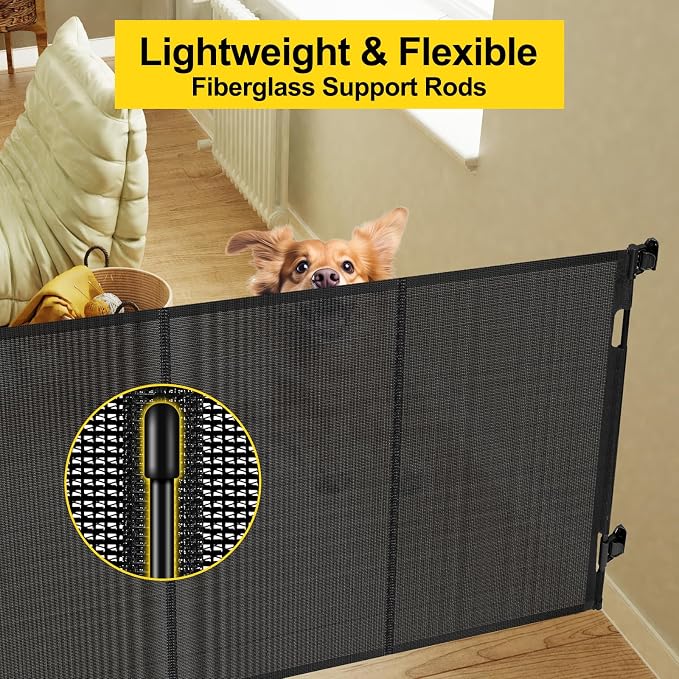 Reinforced 42” Extra Tall Retractable Baby Gates with Rods, Extends up to 60” Wide, Tall Retractable Dog Gate for Doorways Prevent Crawling Through Mesh Pet Gate Indoor Outdoor, Black