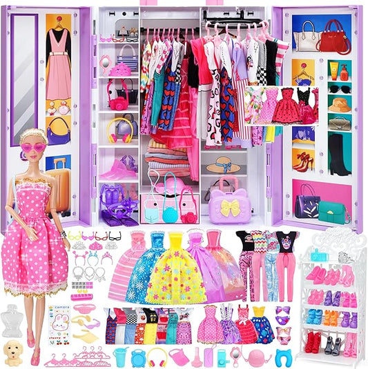 Doll Clothes and Accessories with Doll, Princess Gowns, Fashion Dresses, Jumpsuit,Slip Dresses, Hangers, Shoes, Dress up Toys for Girls Kids Toddlers Toy Birthday Gifts for Girls Age 3 4 5 6 7 8