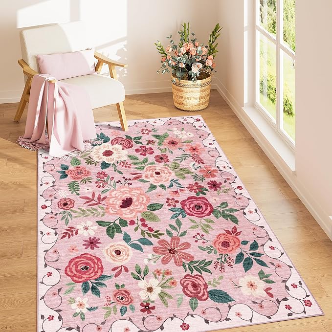 DUKINO 4x6 Area Rug, Floral Washable Rug Non Slip Office Chair Mat, Pink | Low Pile, Stain Resistant, Soft Indoor Rug for Bedroom, Living Room, Dining Room, Kids Room, Pet Friendly, Modern Home Decor