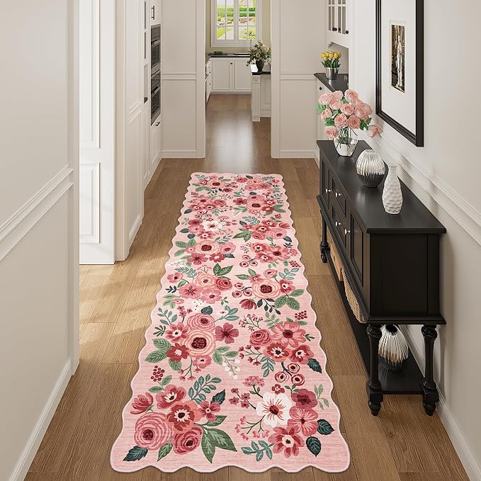 DUKINO 2x6 Runner Rug, Floral Washable Rug for Kitchen Non Slip, Pink | Soft, Low Pile, Non-Shedding Long Runner Rugs for Kitchen, Entryway, Bedroom, Bathroom, Pet Friendly, Home Decor, Ultra-Thin