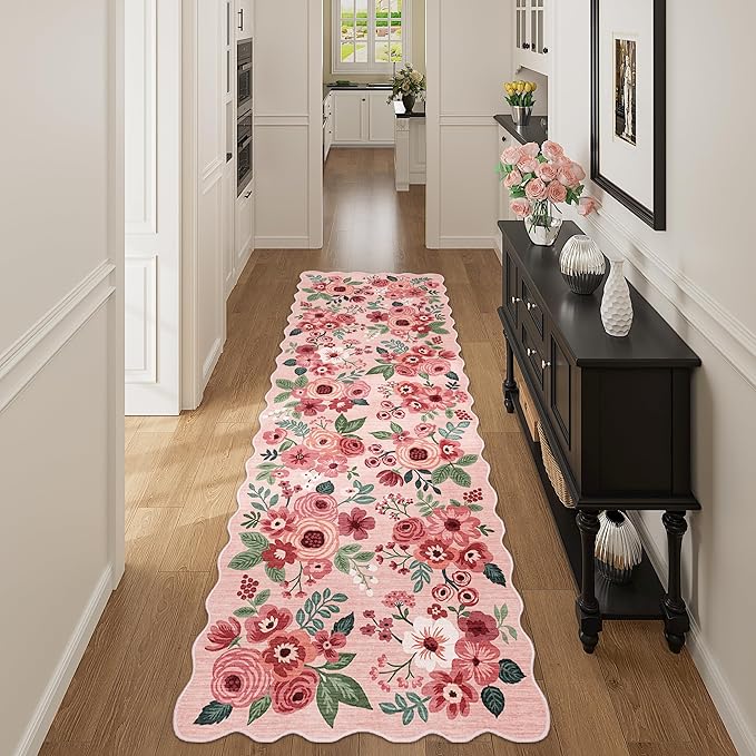 DUKINO 2.6x8 Runner Rug, Floral Washable Kitchen Rugs Non Slip, Pink | Low Pile, Stain Resistant, Soft Throw Carpet Runner for Hallway, Entryway, Bedroom, Bathroom, Pet Friendly, Modern Home Decor
