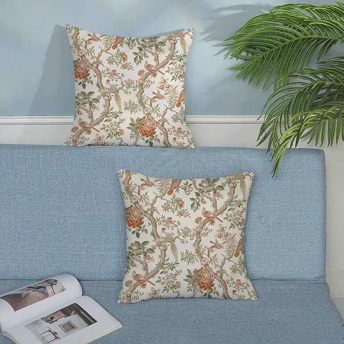 Chinoiserie Pillow Covers 18x18 Set of 2 Orange Green Bird Floral Throw Pillows Vintage Flowers Decorations Outdoor Pillowcase Chinoiserie Decor Farmhouse Linen Cushion Case for Couch Home