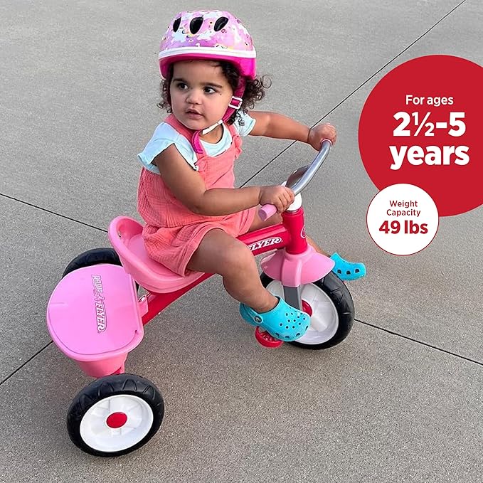 Radio Flyer Pink Rider Trike, for Ages 2.5-5, Adjustable Seat, Steel Construction, Quiet Ride Wheels, Covered Storage Bin, Comfort Grip Handlebars, Easy Carry Seat Handle, Tricycle for Toddlers