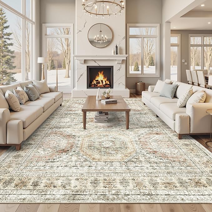 Soalmost 10x14 Area Rugs for Living Room Washable Rug Non-Slip Brown/Pink | Large Vintage Stain Resistant Carpet for Dining Bedroom, Low Pile Lightweight Foldable Floor Mat Nursery Home Office Decor